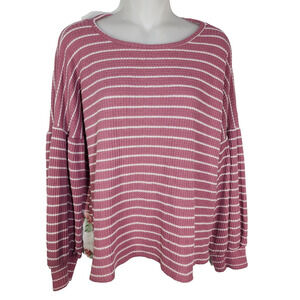 7th Ray Sweater XL Rose Pink Floral Plunge Back Long Sleeve Striped Waffle Knit